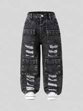Young Girl' Vintage Street Fashion Distressed Multi-Pocket Washed Light Blue Straight Leg Denim Cargo Pants